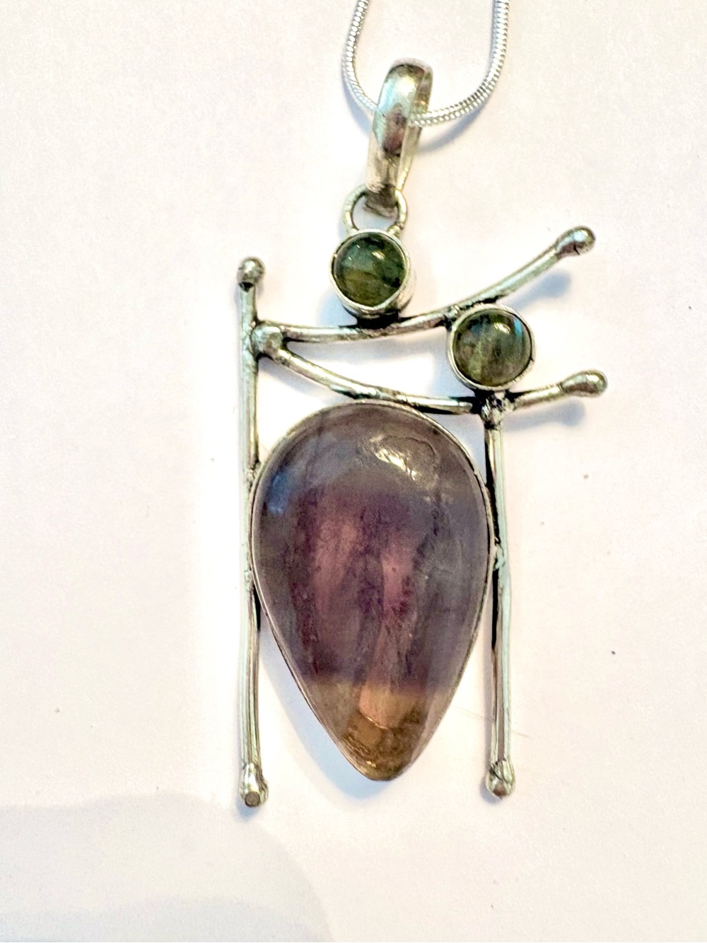 Beautiful 2 inch, 925 marked, Fluorite and Labradorite pendant on a silver chain
